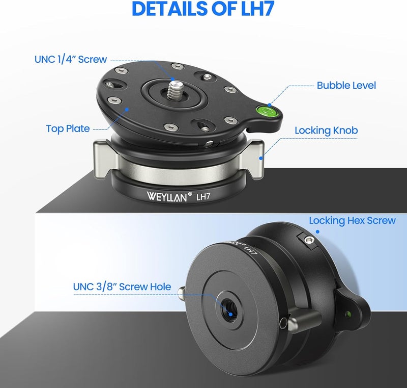 WEYLLAN Leveling Head Tripod Leveling Base for Camera Tripod Leveler Aluminum Alloy Tripod Head Mount LH7 Camera Head with 1/4'' to 3/8" Screw Compatible with DSLR Cameras Max Load 10kg/22lbs - Image 3